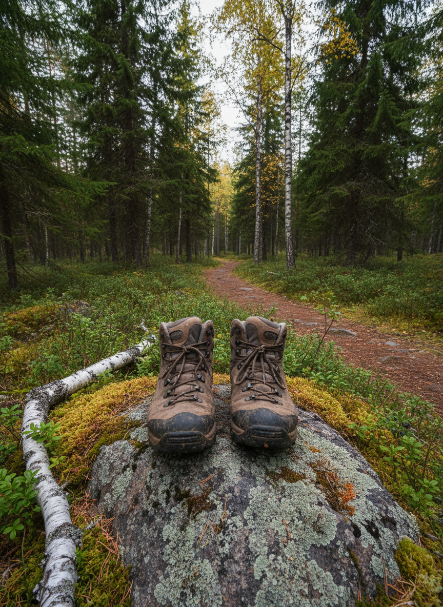 A pair of sturdy, slightly muddy hiking boots resting on a lichen-covered rock at the edge of a Finnish forest trail, with a narrow dirt path winding into dense spruce and birch trees in the background. Tufts of moss, tiny bilberry plants, and a fallen birch branch surround the boots, adding rich detail and texture. Gentle, overcast afternoon light filters through the canopy, casting diffused, even illumination with soft, minimal shadows. Photographed from a low angle in realistic style, the boots dominate the foreground while the path leads the eye deeper into the frame, creating a playful sense of curiosity and the quiet thrill of exploring lesser-known corners of Finland.