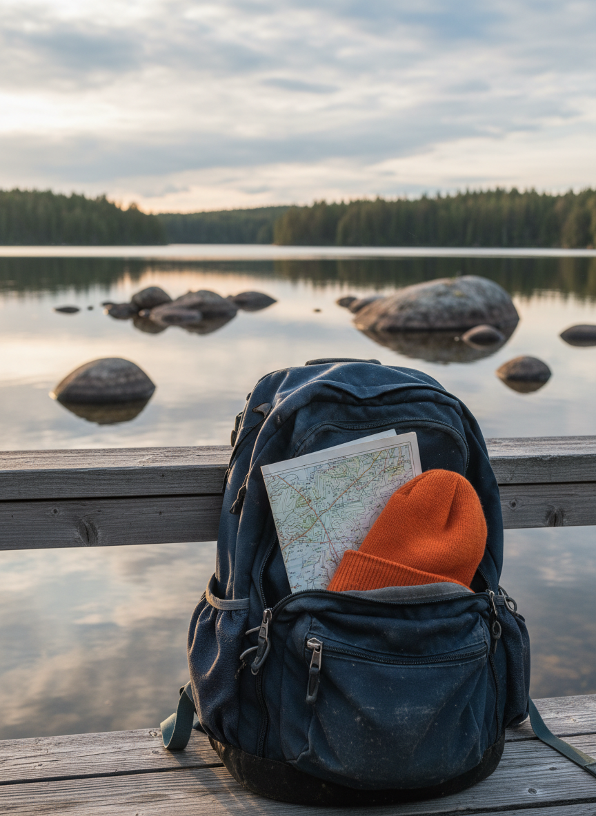 A well-worn navy blue travel backpack leaning against a wooden railing on a rocky Finnish lakeshore, its zippers slightly open to reveal a folded map with tiny island contours and a bright wool beanie. Behind it, calm water dotted with smooth granite rocks stretches toward a horizon of dark pine forest. Soft evening light from a low sun casts a golden glow across the water, creating shimmering reflections and gentle shadows around the backpack. Shot at eye level with photographic realism, using a shallow depth of field so the backpack is crisply detailed while the landscape blurs into a dreamy, inviting backdrop, evoking the feeling of a personal journey just about to continue.