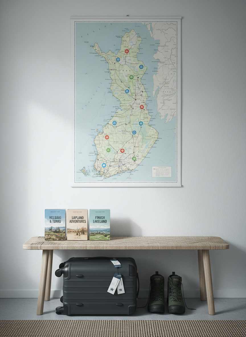 A minimalist Scandinavian-style entryway in a small Finnish apartment, featuring a light wooden bench with a slightly scuffed surface, a neatly arranged row of travel guidebooks about Finnish cities, and a map of Finland pinned on the wall with colored stickers marking journeys. On the floor sits a compact suitcase with travel tags, next to a pair of waterproof boots angled as if just taken off. Cool, diffused daylight enters from an unseen window, creating soft, natural shadows and a calm ambiance. Shot from a straight-on perspective with photographic realism and a balanced composition, the scene feels personal yet tidy, suggesting the playful planning and returning home that frame every trip to and from Finland.