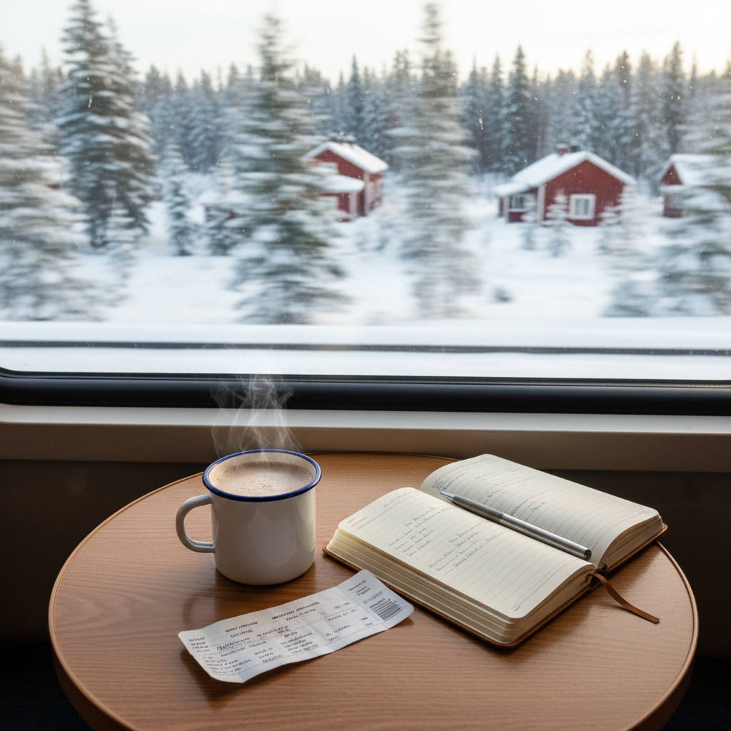 A small, round wooden table beside a large train window on a Finnish long-distance carriage, holding a half-finished enamel mug of hot chocolate, a slightly crumpled paper ticket, and a notebook open to a handwritten travel journal page without legible text. Outside the window, snow-covered forests and red wooden houses blur past in streaks of white and muted color. Pale winter daylight filters through the glass, creating soft reflections on the mug and gentle highlights on the notebook’s edges. Captured from a slightly elevated angle in photographic realism, with the table in sharp focus and the rushing landscape softly blurred, the atmosphere feels cosy, nostalgic, and full of unfolding stories between destinations.