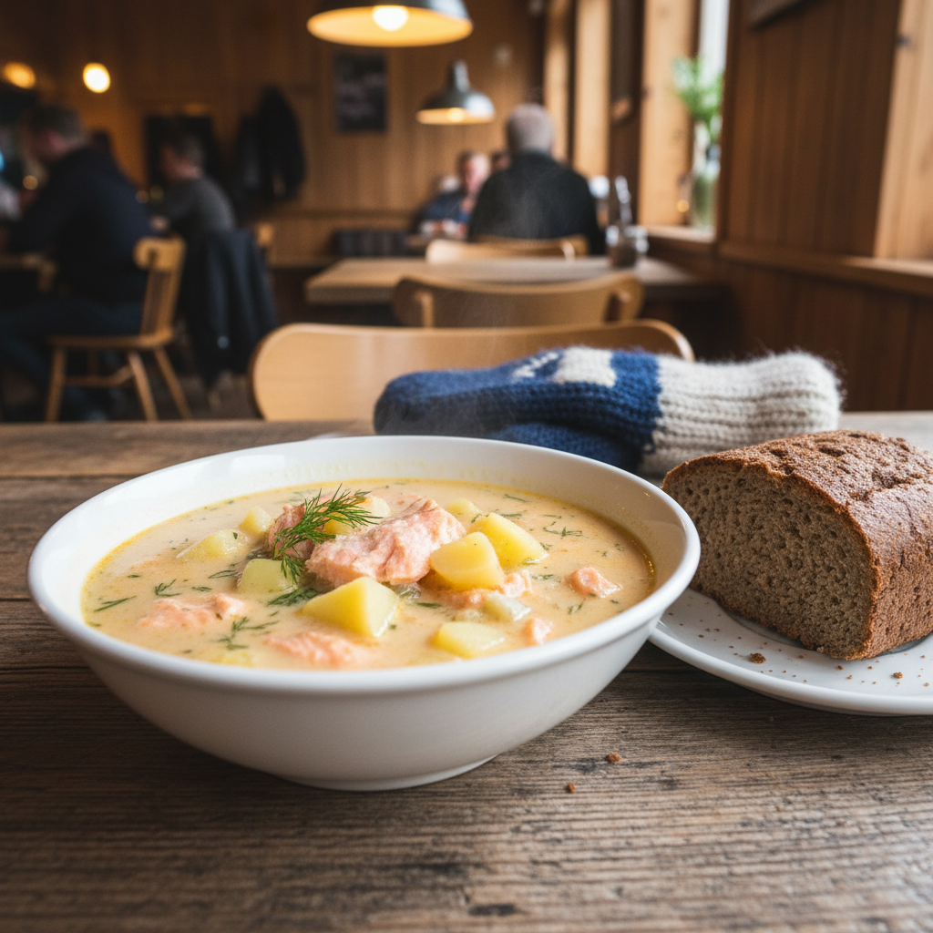 A steaming bowl of creamy salmon soup served in a simple white ceramic bowl on a rustic wooden table inside a cosy Finnish café, with chunks of salmon, potato, and dill clearly visible in the rich broth. Beside it sits a thick slice of rye bread on a small plate, crumbs scattered naturally nearby, and a woolen mitten laid casually at the table’s edge hinting at cold weather outside. Warm pendant lighting from above pools soft golden light over the setting, casting gentle shadows and subtle highlights on the glossy surface of the soup. Captured at an eye-level angle in photographic realism, with the background of wooden walls and blurred café interior, the mood feels intimate, welcoming, and full of lived travel memories.